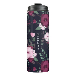 Garrafa Térmica Nome Personalizado do Padrão Floral de Rosas Rosa