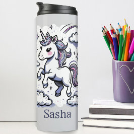 Garrafa Térmica Nome Personalizado do Pastel Unicorn Sparkle Rainb