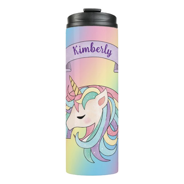 Garrafa Térmica Nome Personalizado do Unicorn e Sparkly Rainbow Co (Frente)