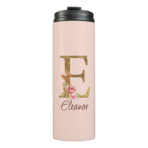 Garrafa Térmica Nome Personalizado Folha de Ouro Blush Rosas Cor-d