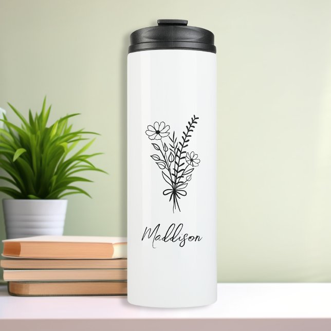 Garrafa Térmica Nome personalizado, grupo de flores de tipografia  (Custom name, Elegant typography flower bunch Thermal Tumbler Travel mug in minimalist style for her)
