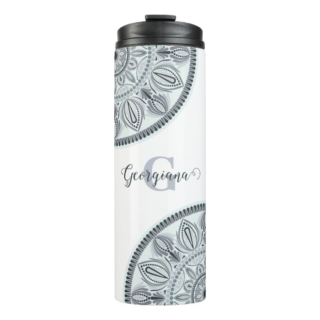 Garrafa Térmica Nome Personalizado Harmonia Floral Cinza Monotone  (Frente)