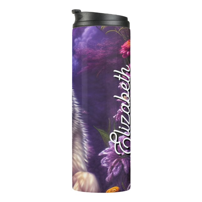 Garrafa Térmica Nome Personalizado Midnight Howl Floral Wolf (Rotação à direita)