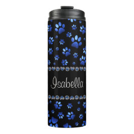 Garrafa Térmica Nome personalizado, patas de cachorro brilho azul
