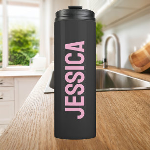 Garrafa Térmica Nome Personalizado Preto-Rosa Minimalista Moderno