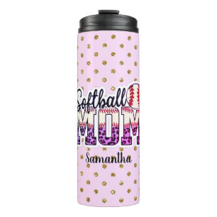 Garrafa Térmica Nome personalizado Softball Mãe Bolinhas rosa e