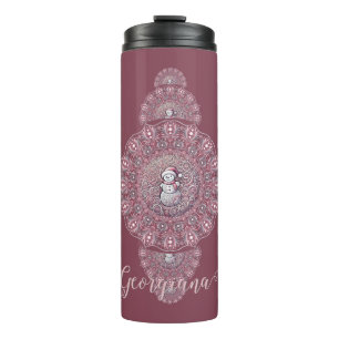 Garrafa Térmica Nome Personalizado Whimsical Snowman Mandala Ornam