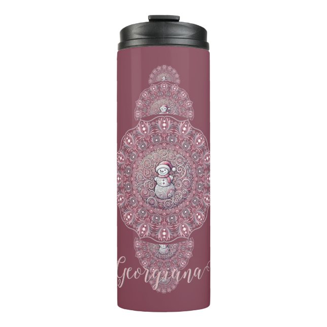 Garrafa Térmica Nome Personalizado Whimsical Snowman Mandala Ornam (Frente)