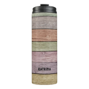 Garrafa Térmica Nome Personalizável Rustic Pastel Wood Plank