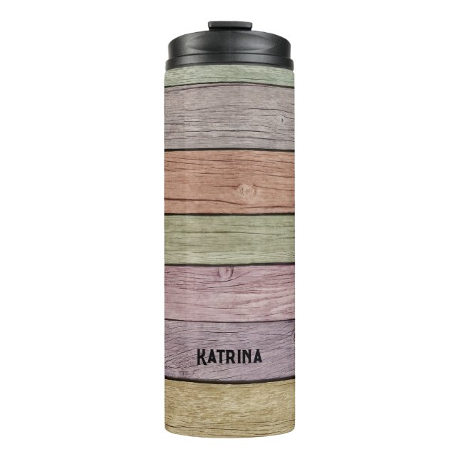 Garrafa Térmica Nome Personalizável Rustic Pastel Wood Plank (Frente)