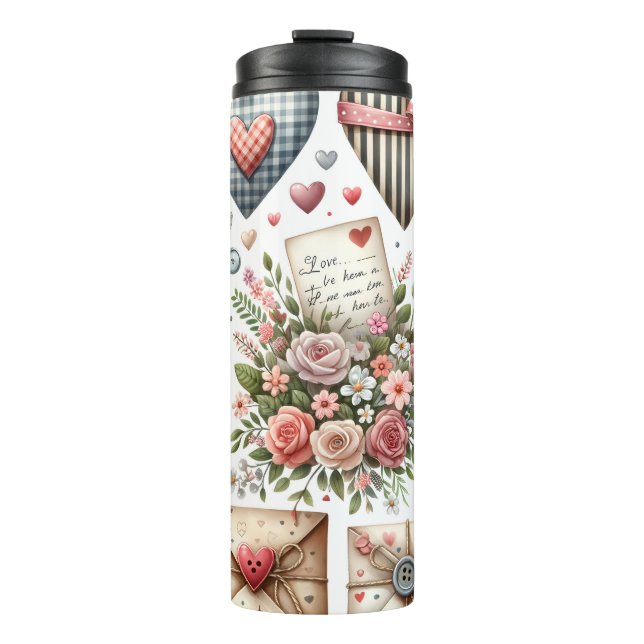 GARRAFA TÉRMICA  NOTAS DE NAMORADOS DE PATCHWORK VERMELHO E AZUL (Frente)