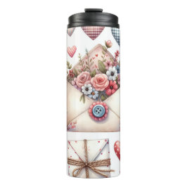 GARRAFA TÉRMICA  NOTAS DE NAMORADOS DE PATCHWORK VERMELHO E AZUL