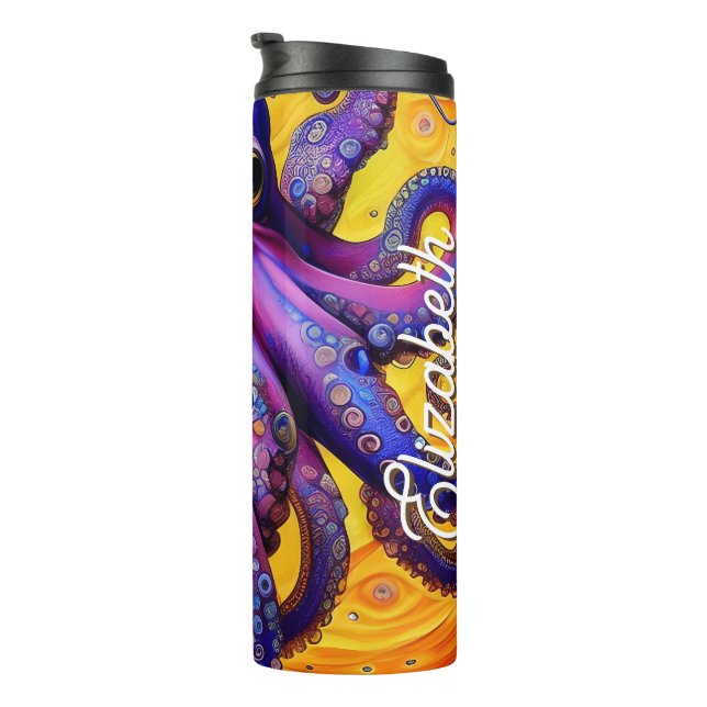 Garrafa Térmica Octopus Whimsical Roxo com Nome Personalizado (Rotação à direita)