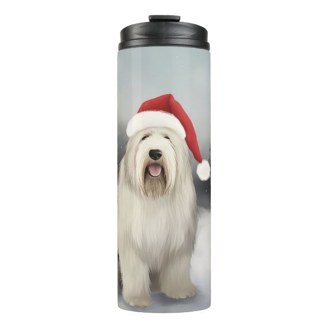 Garrafa Térmica Old English Sheepdog no Natal na Neve (Frente)