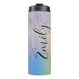 Garrafa Térmica Ombre Faux Brilho Colorido Monograma Nome      
