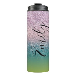 Garrafa Térmica Ombre Faux Brilho Colorido Monograma Nome    