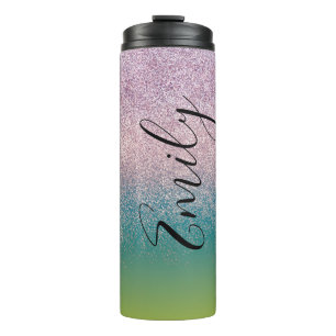 Garrafa Térmica Ombre Faux Brilho Colorido Monograma Nome    