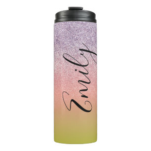 Garrafa Térmica Ombre Faux Brilho Colorido Monograma Nome    