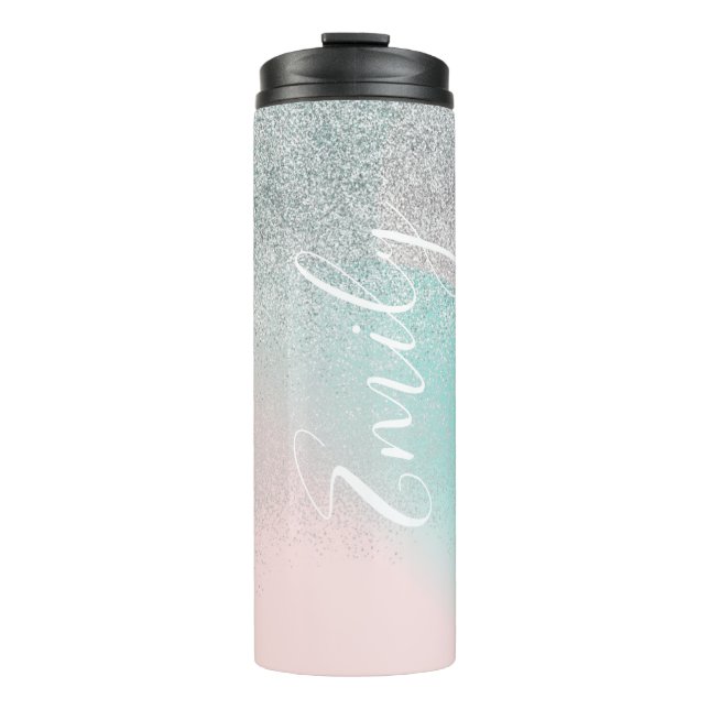 Garrafa Térmica Ombre Faux Sparkle Pastel Monogramas (Frente)
