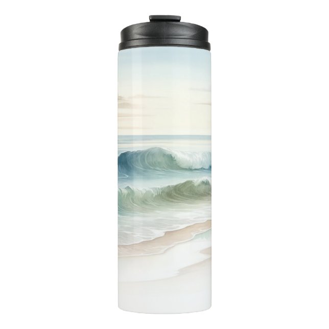 Garrafa Térmica Ondas de praia em aquarela rústica costeira  (Frente)