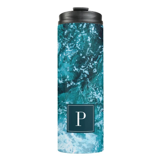 Garrafa Térmica Ondas do Mar Turquesa com Monograma Personalizado (Frente)