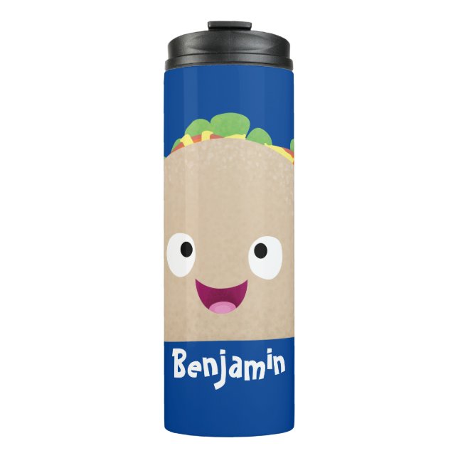 Garrafa Térmica Óptica ilustração do desenho animado do taco feliz (Frente)