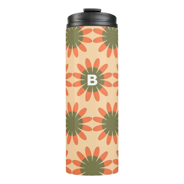 Garrafa Térmica Orange and Green Retro Flower Pattern Monogram (Frente)