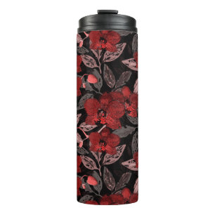 Garrafa Térmica Orquídeas vermelhas em preto.