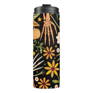 Garrafa Térmica Ossos de Halloween, padrão floral uniforme.