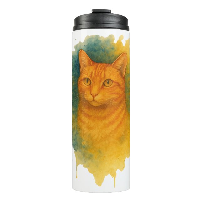 Garrafa Térmica Ouro Brilho: Camisa De Gato De Gato De Aquarela (Frente)