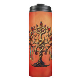 Garrafa Térmica Ouro da árvore da vida com pedras vermelhas