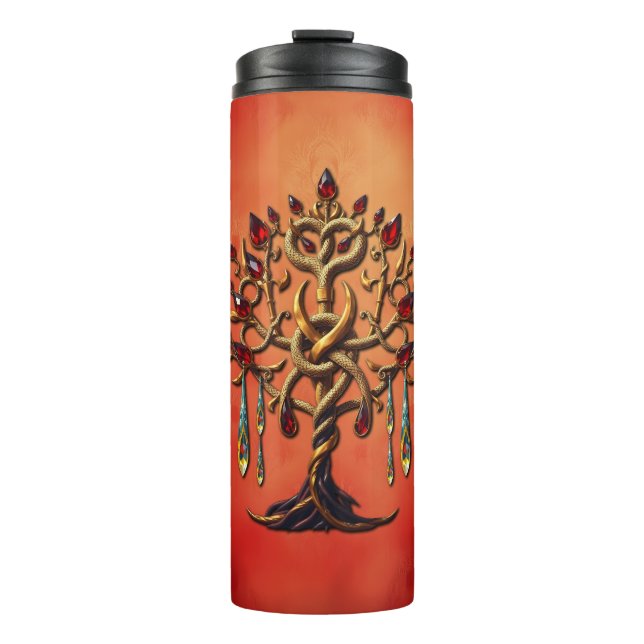 Garrafa Térmica Ouro da árvore da vida com pedras vermelhas (Frente)