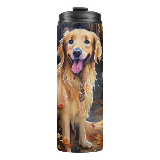 Garrafa Térmica Ouro De Halloween Retriever Com Pumpkins Assustado (Frente)