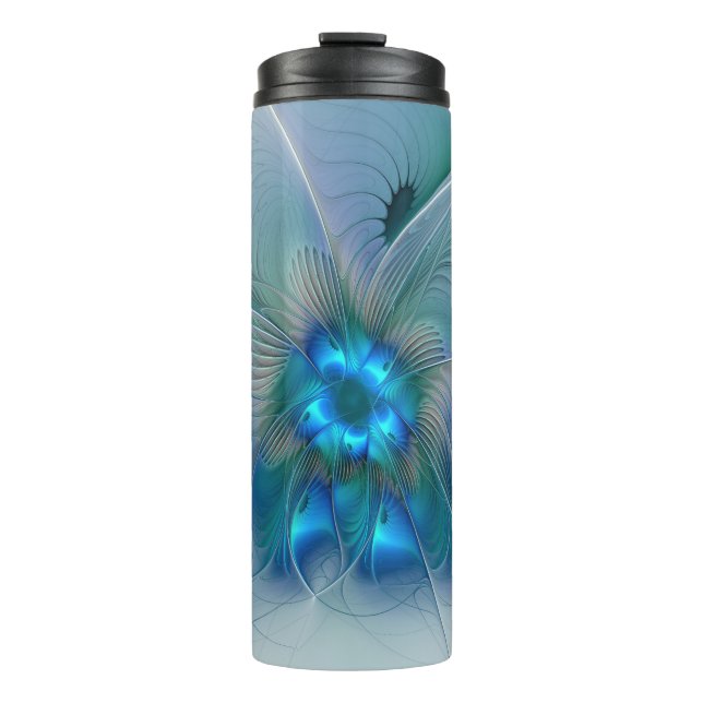 Garrafa Térmica Ovações de Pé, Fractal Azul Turquesa Abstrato (Frente)