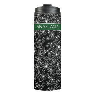Garrafa Térmica Padrão Branco Preto Floral Desenhado à Mão e Nome