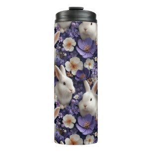Garrafa Térmica Padrão com Coelhos Brancos e Flores Roxas
