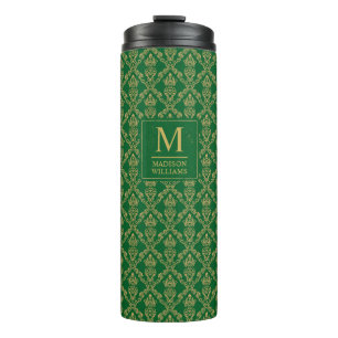 Garrafa Térmica Padrão Damask Seamless Verde Esmeralda e Dourado