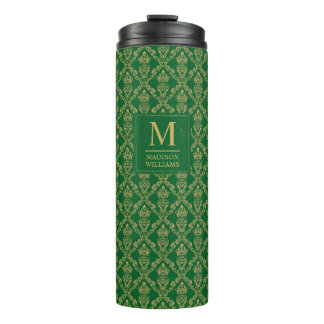 Garrafa Térmica Padrão Damask Seamless Verde Esmeralda e Dourado