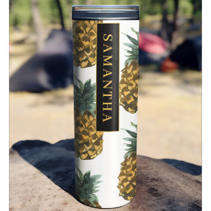 Garrafa Térmica Padrão De Abacaxi De Aquarela Tropical Com Nome