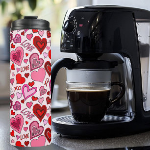 Garrafa Térmica Padrão de Amor com Corações Rosados Vermelhos Fofo