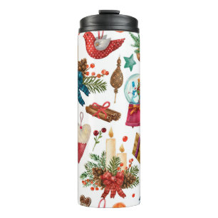 Garrafa Térmica Padrão de Aquarela com ornamento de Natais vintag