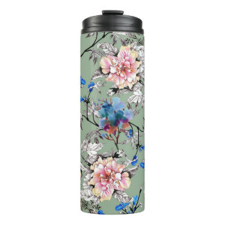 Garrafa Térmica Padrão de Aquarela Floral de Fundo Verde.