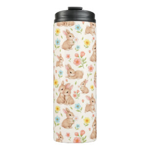 Garrafa Térmica Padrão de Coelhinhos e Flores Fofos