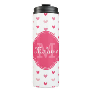 Garrafa Térmica Padrão de Coração Cor-de-Rosa e Branco com Monogra