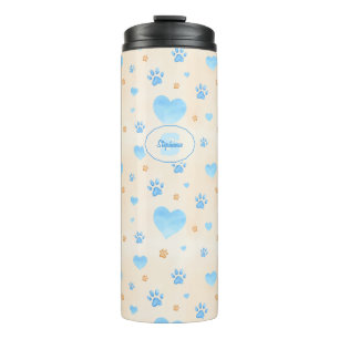 Garrafa Térmica Padrão de Corações Azuis e Impressões de Pata de C