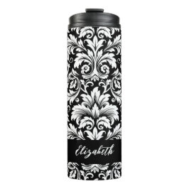 Garrafa Térmica Padrão de Damasco Preto e Branco de Letra Elegante