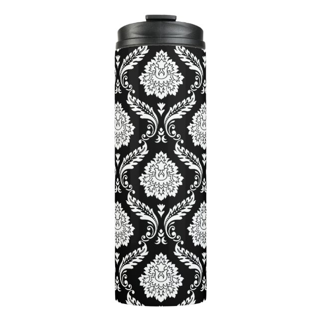 Garrafa Térmica Padrão de Damasco Rococó Branco no Preto (Frente)