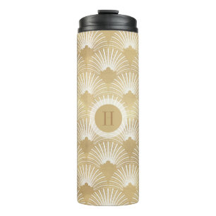 Garrafa Térmica Padrão de deco de ouro amarelo e arte branca.