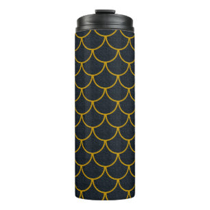 Garrafa Térmica Padrão de Escamas Escalonadas Preto e Dourado