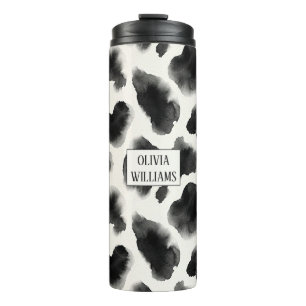 Garrafa Térmica Padrão de Estampa de Vaca Preto e Branco